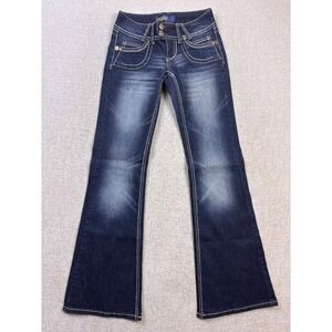 Angels Flare Leg Jeans Dark Wash Thick Stitch Y2K Low Rise Size 1
